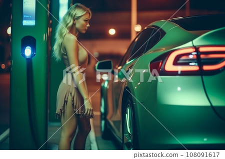 Sexy Woman Charging Electric Vehicle at Station: Eco-Friendly Contribution to Lower CO2 Emissions. Generative Ai. 108091617