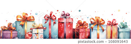 watercolor drawing. seamless border, frame with christmas gifts. new year design, vintage watercolor drawing. seamless border, frame with christmas gifts. new year design, vintage 108091643