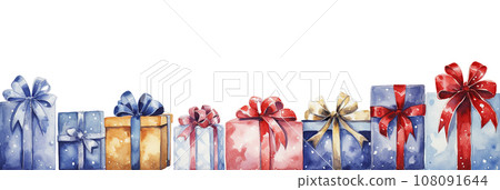 watercolor drawing. seamless border, frame with christmas gifts. new year design, vintage watercolor drawing. seamless border, frame with christmas gifts. new year design, vintage 108091644