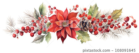watercolor drawing, christmas garland from plants. red poinsettia flower, berries, cones and fir branches. traditional winter decoration for christmas and new year watercolor drawing, christmas garland from plants. red poinsettia flower, berries, cones and fir branches. traditional winter decoration for christmas and new year 108091645
