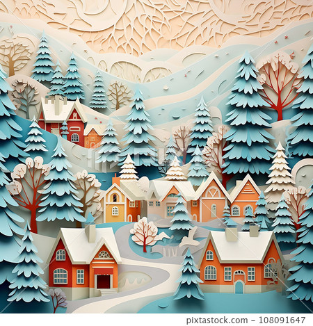 decoration for Christmas, New Year in cut paper style. cute winter village, houses in the snow and Christmas trees. cute holiday card decoration for Christmas, New Year in cut paper style. cute winter village, houses in the snow and Christmas trees. cute holiday card 108091647