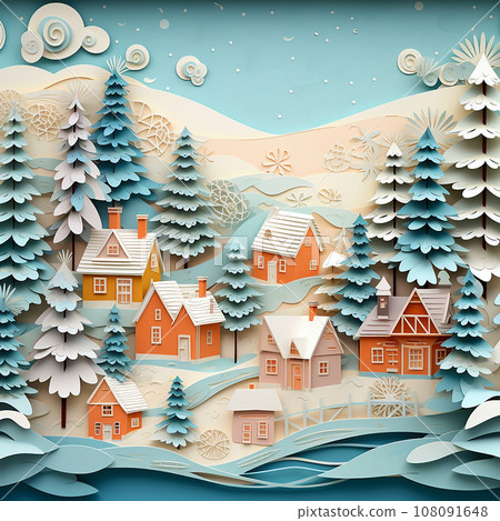 decoration for Christmas, New Year in cut paper style. cute winter village, houses in the snow and Christmas trees. cute holiday card decoration for Christmas, New Year in cut paper style. cute winter village, houses in the snow and Christmas trees. cute holiday card 108091648