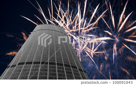 Celebratory fireworks over the Skyscrapers La Defense, commercial and business center of Paris, France Celebratory fireworks over the Skyscrapers La Defense, commercial and business center of Paris, France 108091843