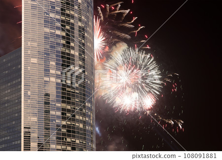 Celebratory fireworks over the Skyscrapers La Defense, commercial and business center of Paris, France Celebratory fireworks over the Skyscrapers La Defense, commercial and business center of Paris, France 108091881