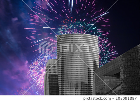 Celebratory fireworks over the Skyscrapers La Defense, commercial and business center of Paris, France Celebratory fireworks over the Skyscrapers La Defense, commercial and business center of Paris, France 108091887
