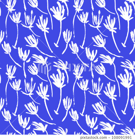 Dry Brush Flower Seamless Blue Pattern 108091991