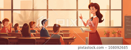 illustration school lesson. teacher in class with students. stylized banner on the theme of education, back to school	 108092685