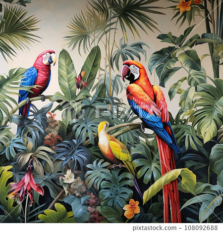 pattern with tropical plants and birds. parrots, palm leaves and tropical flowers.	 108092688