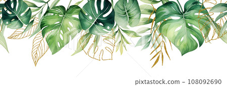watercolor drawing, seamless border, composition with tropical palm and monstera leaves and golden leaves watercolor drawing, seamless border, composition with tropical palm and monstera leaves and golden leaves 108092690
