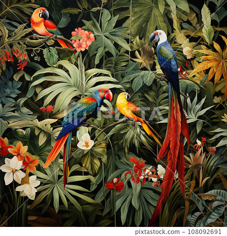 pattern with tropical plants and birds. parrots, palm leaves and tropical flowers. pattern with tropical plants and birds. parrots, palm leaves and tropical flowers. 108092691