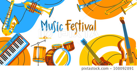 Poster with musical instruments. Jazz, blues and classical music. Poster with musical instruments. Jazz, blues and classical music. 108092891