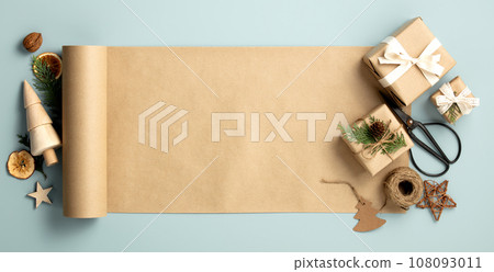Natural color Christmas gift boxes on blue background mock up 108093011