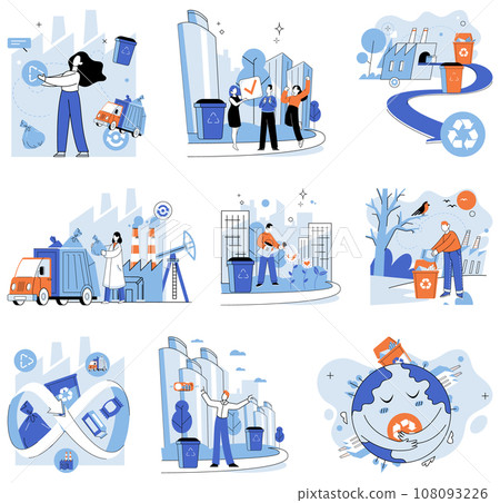 Waste disposal. Vector illustration. Sorting waste is akin to unraveling complexity our consumption habits It involves separating different types waste, such as paper, plastic, glass, and organic 108093226