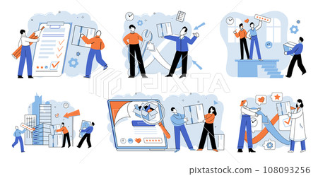 Quality control. Vector illustration. The quality control metaphor compares process to gatekeeper who ensures quality Inspecting product helps identify any defects or deviations Exploring different Quality control. Vector illustration. The quality control metaphor compares process to gatekeeper who ensures quality Inspecting product helps identify any defects or deviations Exploring different 108093256