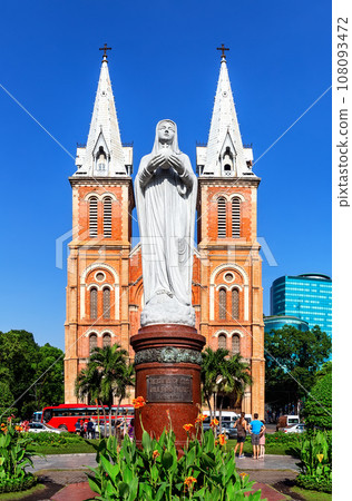 Virgin Mary statue in front of Notre-Dame Cathedral landmark in Ho Chi Minh City, Vietnam. 108093472