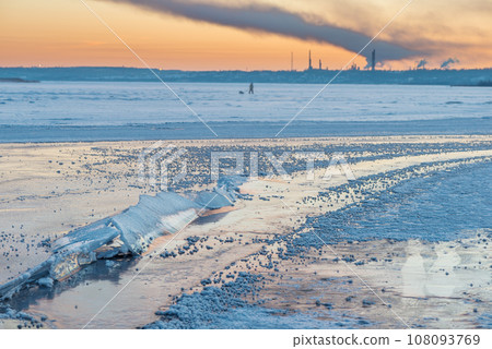 landscape of frozen Volga river with hummocks landscape of frozen Volga river with hummocks 108093769