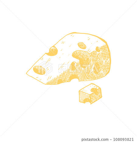 Watercolor piece swiss cheeses emmental cheese triangle with holes. Delicious milk food hand-drawn illustration isolated on white background. Perfect for menu, recipe, label, packaging design. 108093821