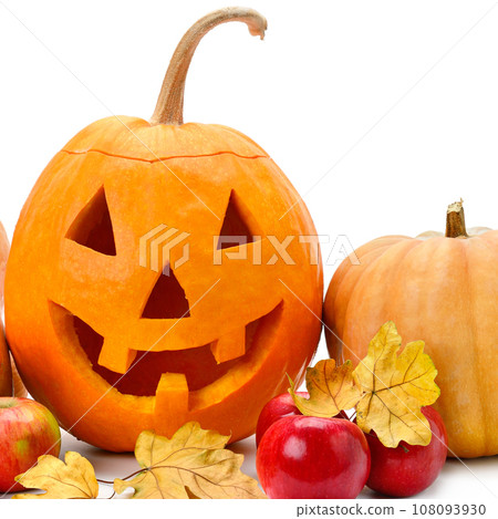 Pumpkin head, apples and yellow maple leaves isolated on white . Halloween holiday. Pumpkin head, apples and yellow maple leaves isolated on white . Halloween holiday. 108093930