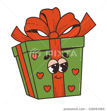 Nostalgic retro cartoon gift with bow. 60 -70s vibes groovy character. Vector illustration. Merry Christmas and Happy New Year. 108093969