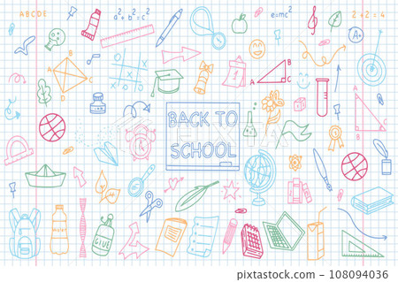 Background of school icons in doodle style. School education. Back to school doodle drawing. Vector illustration 108094036