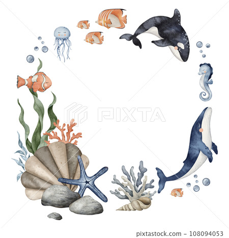 Seamless border of orca, jellyfish, whale, seahorse, coral and seaweed algae. Hand drawn watercolor illustration. Marine, tropical collection for cards, baby shower, printing, banner. 108094053