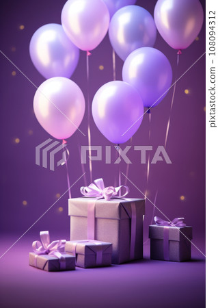 Purple gift boxes with ribbons and balloons on purple background. 108094312