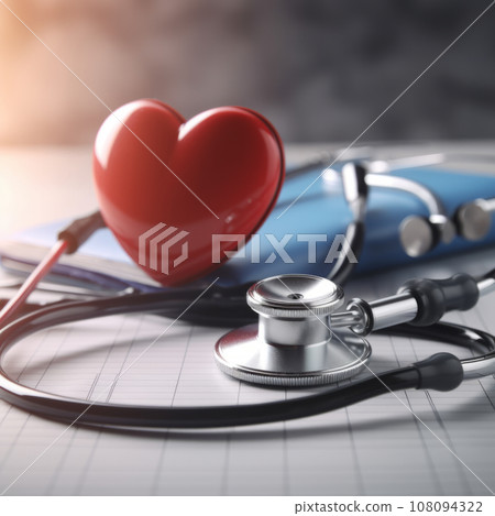 Stethoscope and red heart on table. Cardiology concept Stethoscope and red heart on table. Cardiology concept 108094322