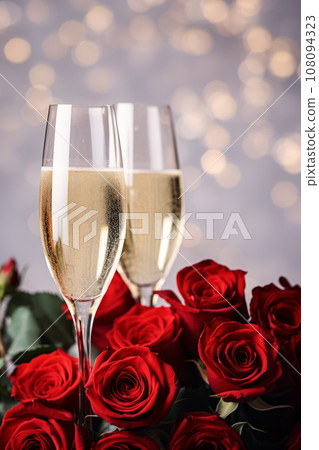 Champagne glasses and red roses, Valentine's day concept Champagne glasses and red roses, Valentine's day concept 108094323