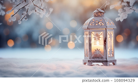Christmas Lantern On Snow With Defocused background 108094329