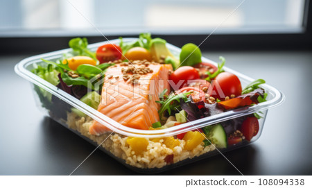 Lunch box containers with grilled salmon fish fillet, rice and salad 108094338