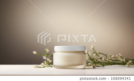 Jar of cream with plant branches on beige background 108094341