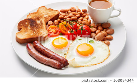 Traditional full English breakfast with fried eggs, sausages, beans, mushrooms, grilled tomatoes and bacon on white plate 108094344