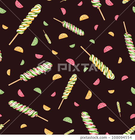 Seamless pattern of spiral lollipops, fruit candies. Bonbons, striped swirls, sugar caramel on stick. Watercolor illustration isolated on black. Delicious ornament for textiles, stationery, scrapbook. Seamless pattern of spiral lollipops, fruit candies. Bonbons, striped swirls, sugar caramel on stick. Watercolor illustration isolated on black. Delicious ornament for textiles, stationery, scrapbook. 108094554