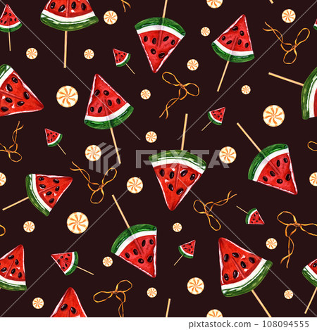 Seamless pattern of caramel watermelon slices with chocolate seeds. Round colorful candies, golden ribbons. Fruit candy on stick, lollipop. Watercolor illustration isolated on dark background 108094555