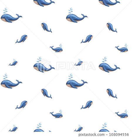 Seamless pattern swimming blue whales. Sperm whale breathe producing water splashes. Background with soft watercolor stains. For textile, print, wrapping. Cartoon style. 108094556
