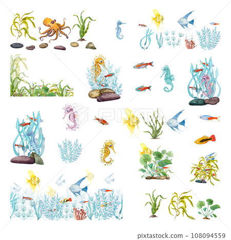 Sea life. Fishes, octopus, seahorse, keeps in the aquatic environment. Underwater world. Algae thickets, weeds and sea animals. Watercolor illustration. For poster, label stickers. Cartoon style. Sea life. Fishes, octopus, seahorse, keeps in the aquatic environment. Underwater world. Algae thickets, weeds and sea animals. Watercolor illustration. For poster, label stickers. Cartoon style. 108094559