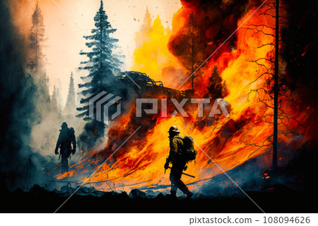 Brave firefighter stands in front of a huge forest fire Brave firefighter stands in front of a huge forest fire 108094626