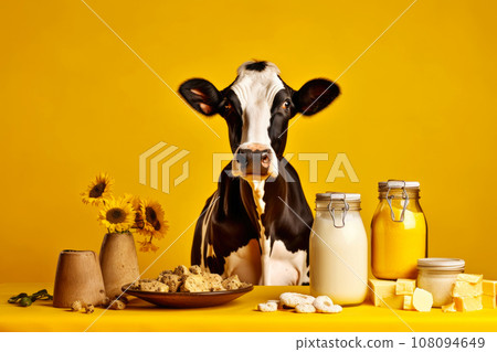 Cow with various dairy products on a yellow background 108094649