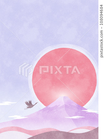 Mt. Fuji and the first sunrise background Japanese style natural watercolor landscape illustration Vertical 108094684