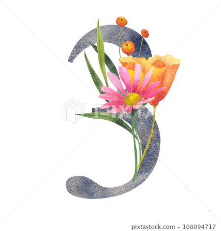 Floral Number 3 three. Watercolor element with botanical wildflowers bouquet. Wedding invitations, greeting card, birthday, logo, poster other ideas. lettering element for postcard design 108094717