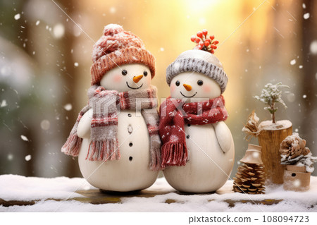 AI generation. Watercolor illustration of two snowmen in red hats and scarves against a forest background. 108094723