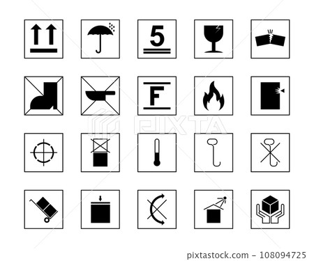 Packaging Symbols stroke outline icons set. Icon, Magnet, Air Mail, Arrow Symbol, Biohazard Symbol, Vector illustration	 108094725