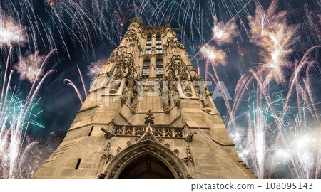 Celebratory colorful fireworks over the Saint-Jacques Tower (Tour Saint-Jacques). Located on Rivoli street, Paris, France. This 52 m Flamboyant Gothic tower (XVI century) Celebratory colorful fireworks over the Saint-Jacques Tower (Tour Saint-Jacques). Located on Rivoli street, Paris, France. This 52 m Flamboyant Gothic tower (XVI century) 108095143