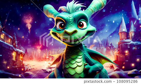 Green dragon sitting on top of snow covered ground next to forest. Generative AI 108095286