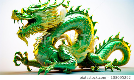 Green dragon figurine sitting on top of blue table top. Generative AI Green dragon figurine sitting on top of blue table top. Generative AI 108095292