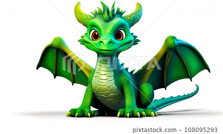 Green and yellow dragon sitting on top of white floor next to white wall. Generative AI 108095293