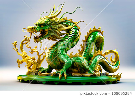 Green and gold dragon statue sitting on top of green table top. Generative AI Green and gold dragon statue sitting on top of green table top. Generative AI 108095294