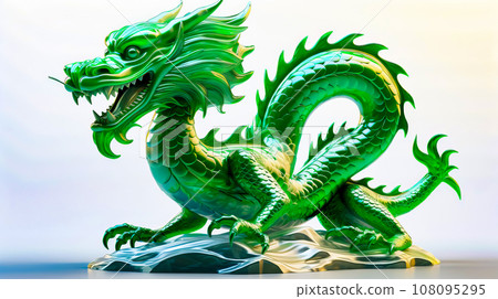 Green dragon statue sitting on top of white table next to white wall. Generative AI Green dragon statue sitting on top of white table next to white wall. Generative AI 108095295