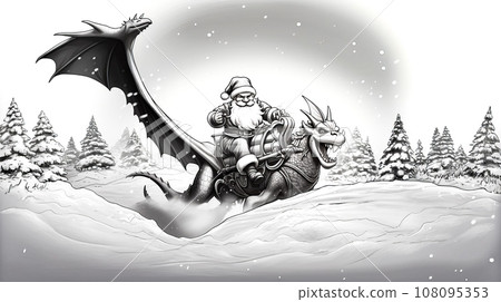 Black and white drawing of santa riding dragon in the snow. Generative AI 108095353
