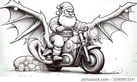 Black and white drawing of santa riding motorcycle with dragon. Generative AI 108095354
